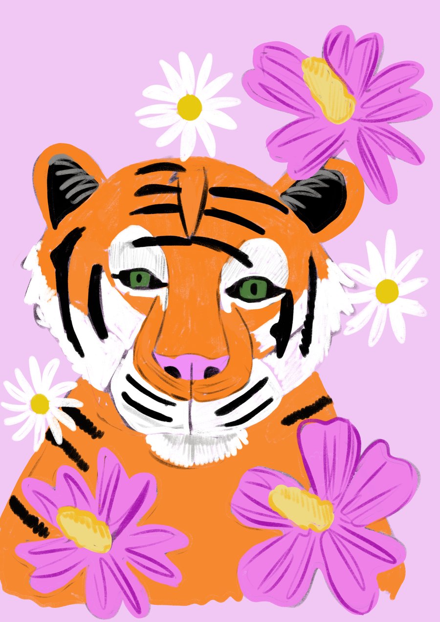 Tiger surrounded by flowers