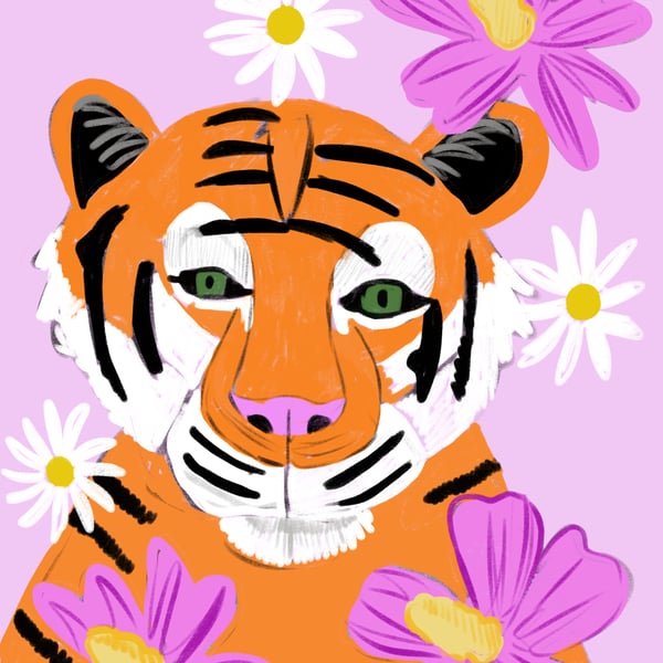 Tiger surrounded by flowers