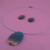 Oval Blue Striped Agate Necklace and Earrings Set