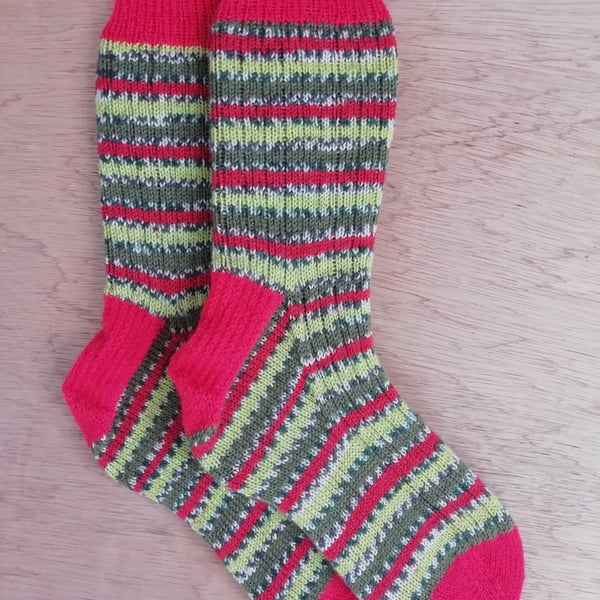 Socks, hand knitted, adult LARGE, size 9-11 - WOODPECKER 