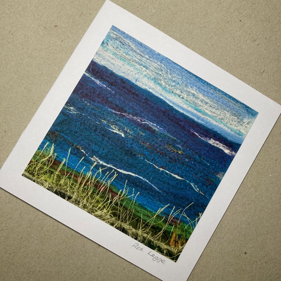 Ocean scene, Greetings card 5" x 5", print of original textile art
