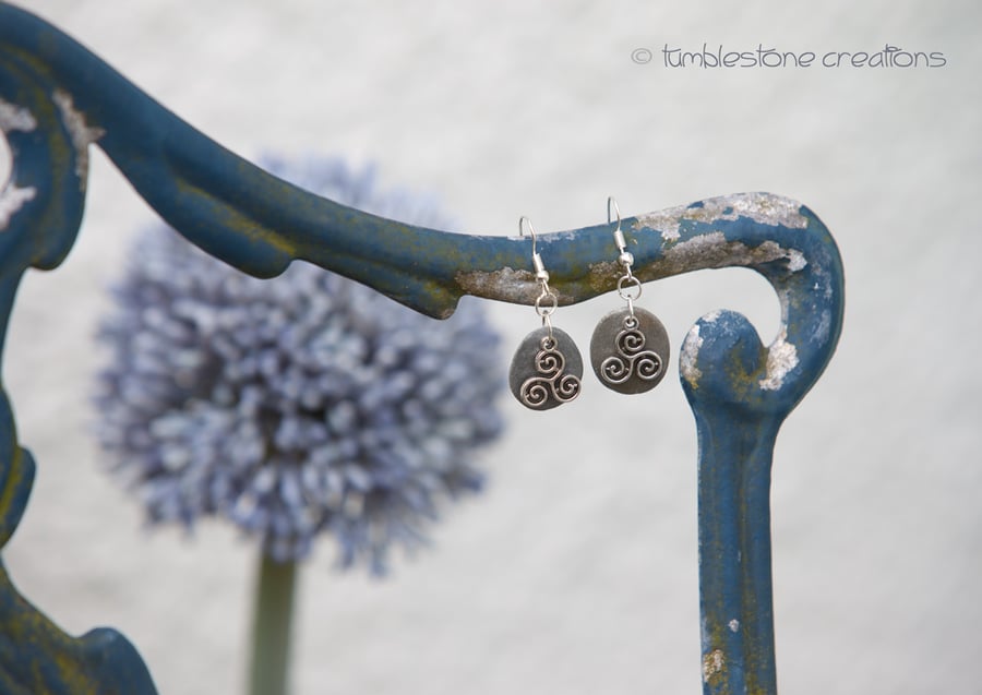 Celtic Triskele Welsh Beach Stone Earrings