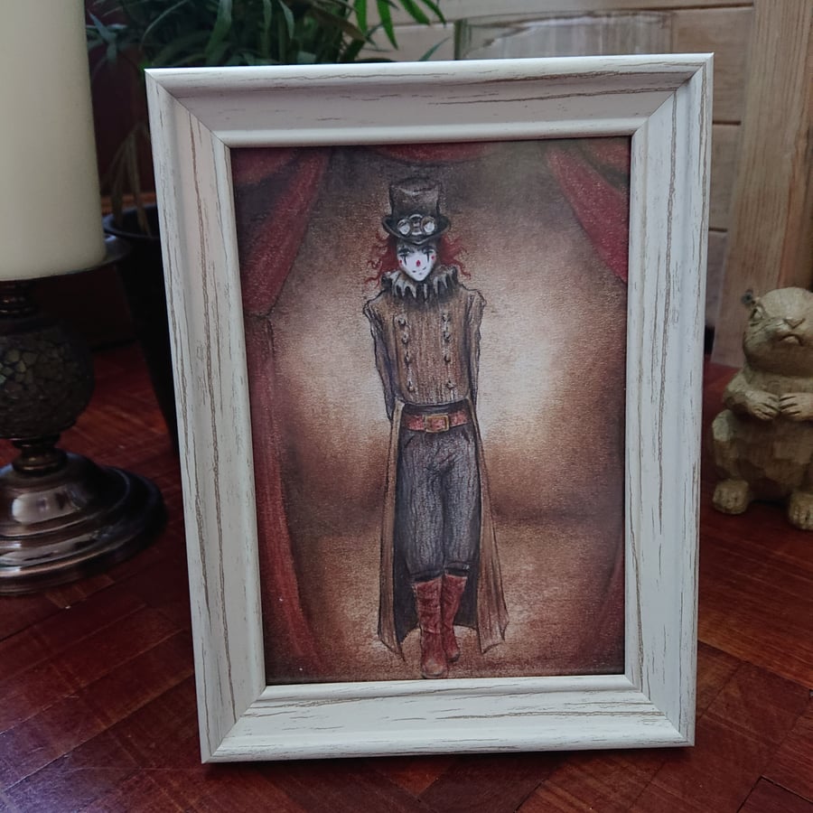 Framed art print, Steampunk Clown, Gothic Art, Whimsical art, Gift, Wall art