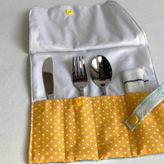 Travel cutlery roll with cutlery, for adults or children. Bees and beehives.