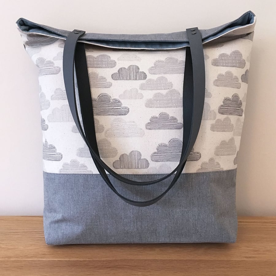 Tote bag, handmade – grey clouds print natural organic with grey leather handles