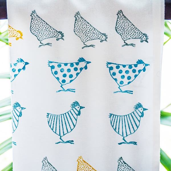 Hand printed chicken tea towel wedding, housewarming, hen party gifts  