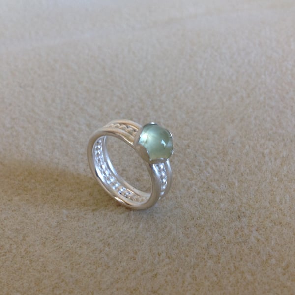 Green Prehnite and Sterling silver triple fancy wide band ring