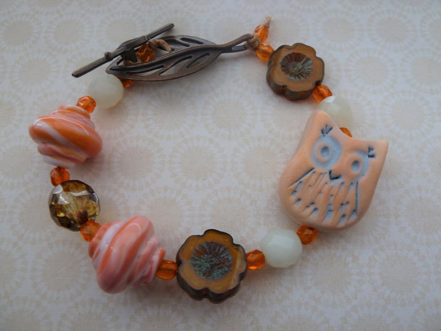 handmade bracelet, orange owl 