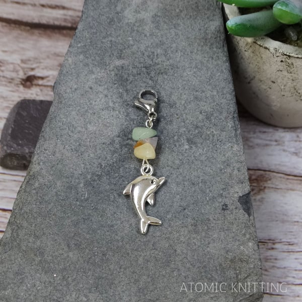 Dolphin Clip On Charm with Green Amazonite and Aventurine Gemstone Chips