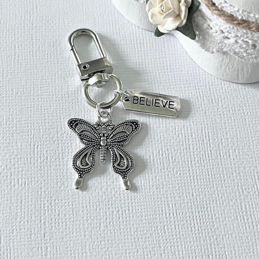 Butterfly and Believe Quote Keyring Folksy