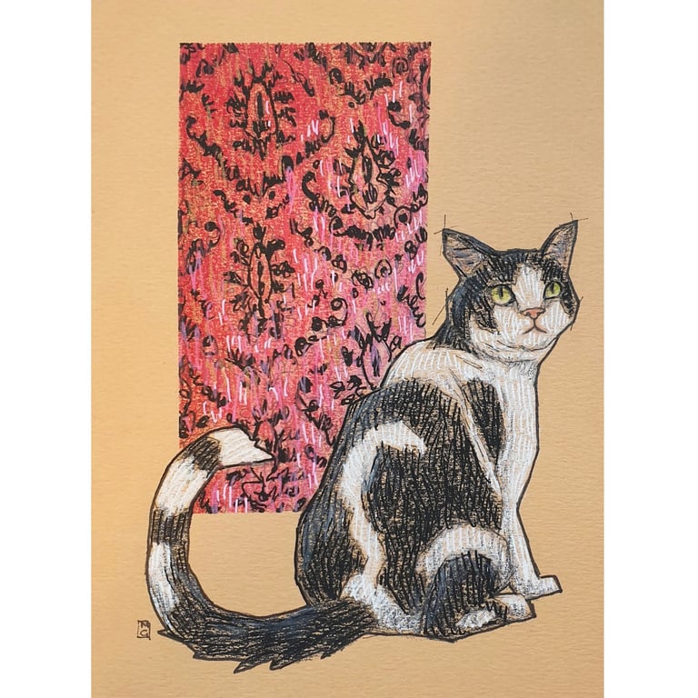 Black and white cat drawing, cat wall art, small cat artwork, animal art
