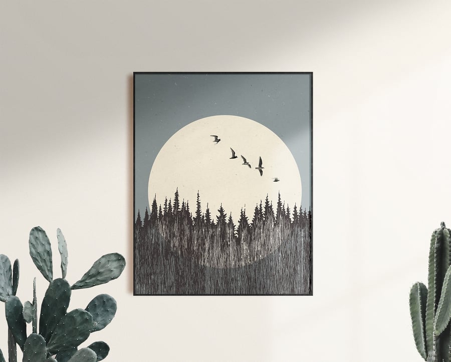 Forest and Moon, Art Print, with Birds