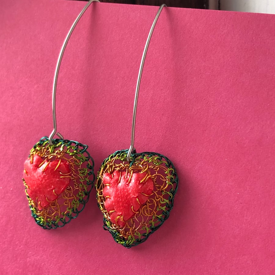 Heart earrings made from a red exercise ball & wire with stainless steel hooks
