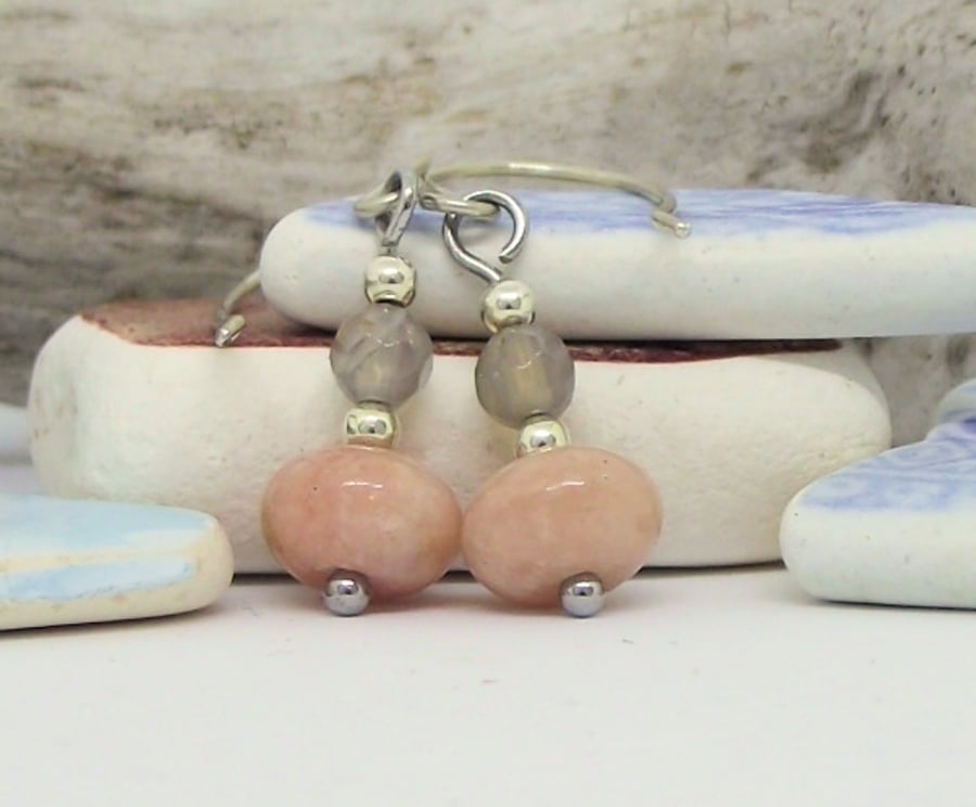 Peach grey gemstone earrings cherry blossom jasper drop