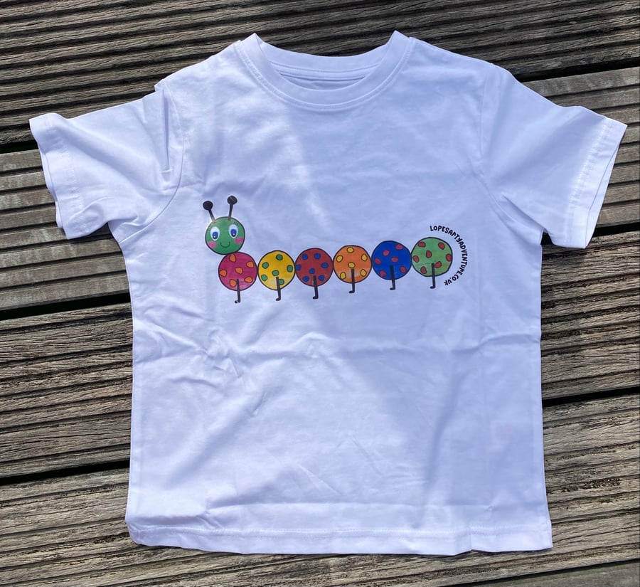 T-shirt collage of Spotty Motty a caterpillar. 