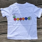 T-shirt collage of Spotty Motty a caterpillar. 
