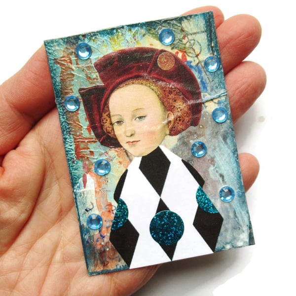 Mixed Media ACEO Historical Portrait Figure Miniature Artwork With Gems