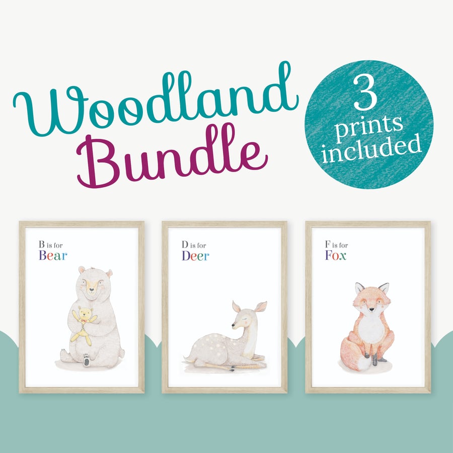 Beautiful Bundle: Set of 3 woodland animal prints, Kids' room decor