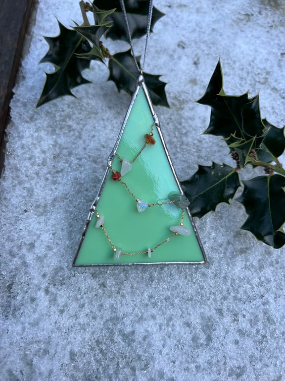 Stained glass Christmas tree decoration in mint green with stone chain