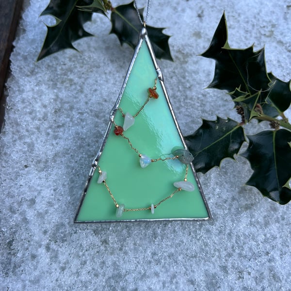 Stained glass Christmas tree decoration in mint green with stone chain