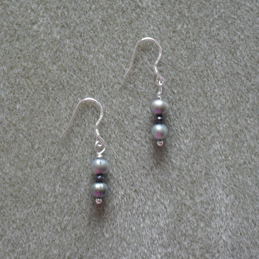 Freshwater Pearl and Spinel Sterling Silver Earrings