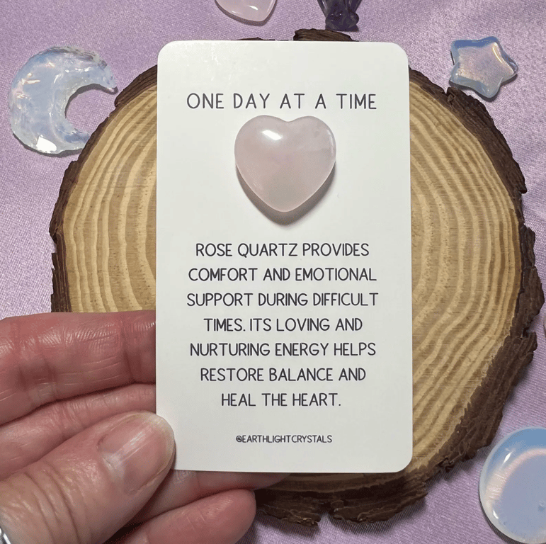 Rose Quartz Crystal Heart Grief & Loss Keepsake Card - One Day at a Time