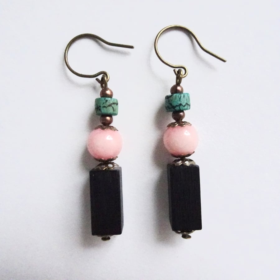 Dark Brown Rectangle Shape Bead, Dusky Pink Round Bead, Green Crackle Earrings 