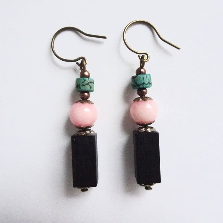 Dark Brown Rectangle Shape Bead, Dusky Pink Round Bead, Green Crackle Earrings 
