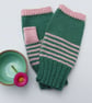 Pink and Green Stripe Fingerless Wool Knit Gloves, Handmade Wrist Warmers - Image 2