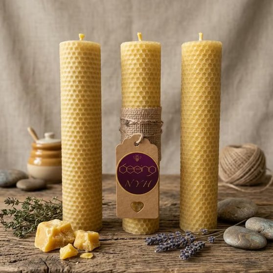 Tall Rolled Beeswax Pillar Candle - 20cm Pure Honey Glow with Cotton Wick  