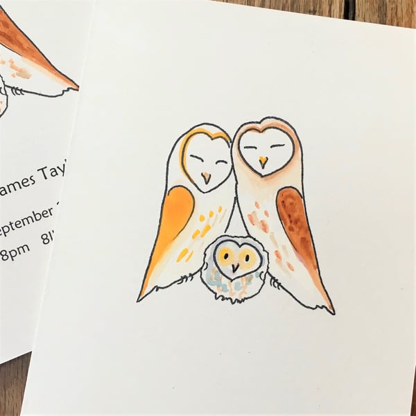 Barn Owl new baby single card. Can personalise handmade recycled card barn owl