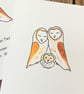 Barn Owl new baby single card. Can personalise handmade recycled card barn owl