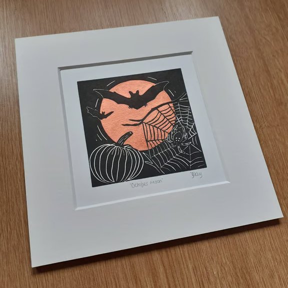 October moon - original, hand painted, mounted linocut print