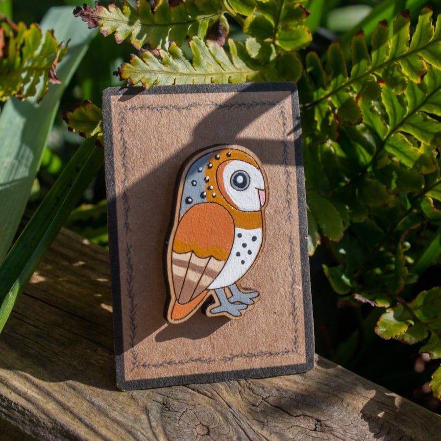 Barn Owl Pin - Hand Painted Wooden Pin Badge