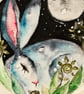 Mounted Circular Original Resting Hare Rabbit in Moonlight Watercolour  - Image 3