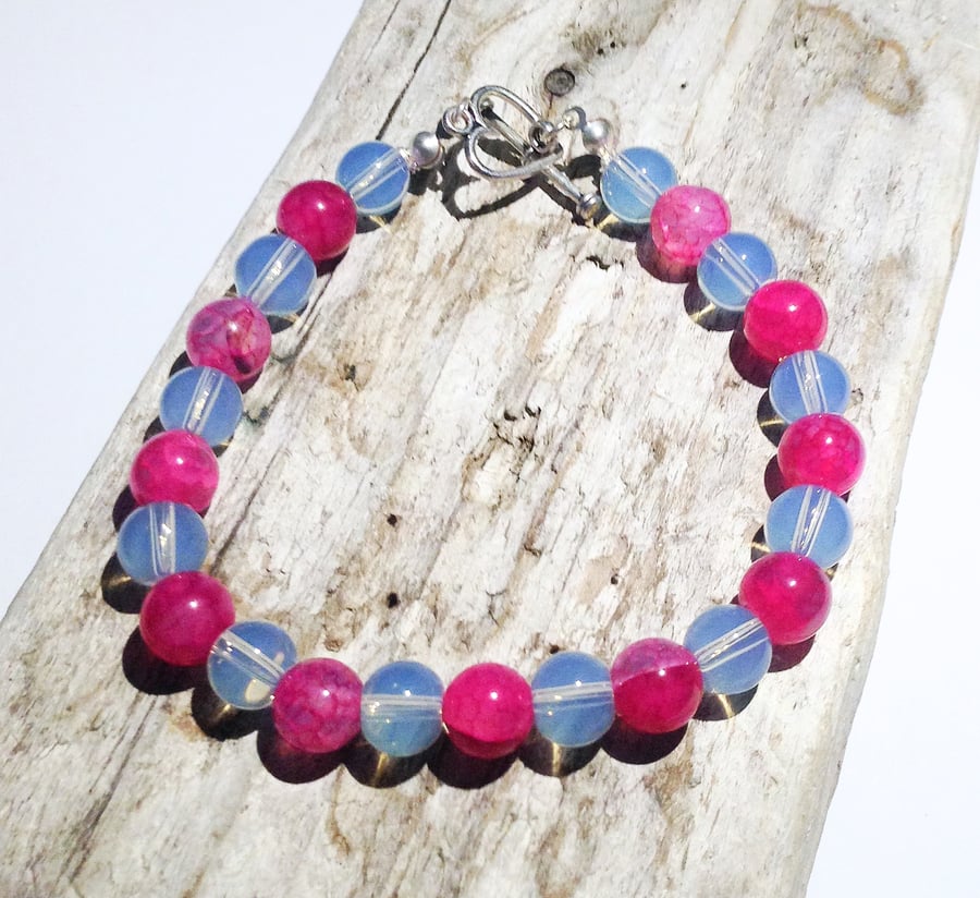 Pink Dragon Vein Agate and Opalescent Bracelet - UK Free Post