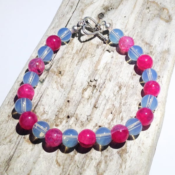 Pink Dragon Vein Agate and Opalescent Bracelet - UK Free Post