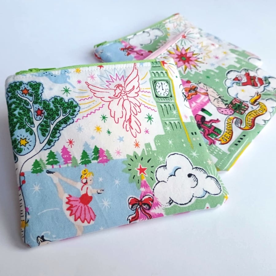Christmas zipped purse - Pink tree, Santa or Skater, upcycled fabric