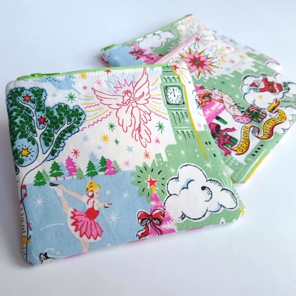 Christmas zipped purse - Pink tree, Santa or Skater, upcycled fabric