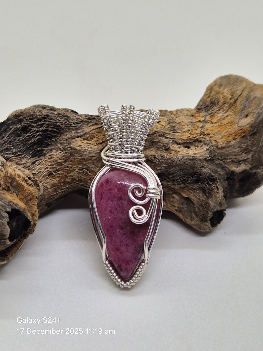 Rhodonite gemstone wire wrapped, pendant 