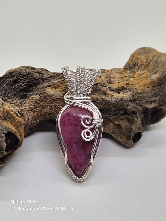 Rhodonite gemstone wire wrapped, pendant 