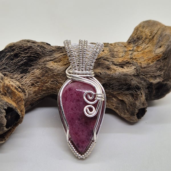 Rhodonite gemstone wire wrapped, pendant 