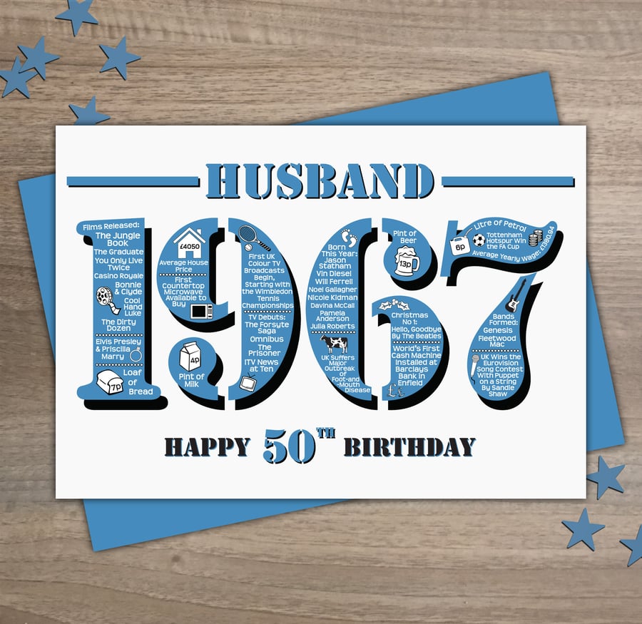 Happy 50th Birthday Husband Greetings Card - Year of Birth - Born in 1967 Facts