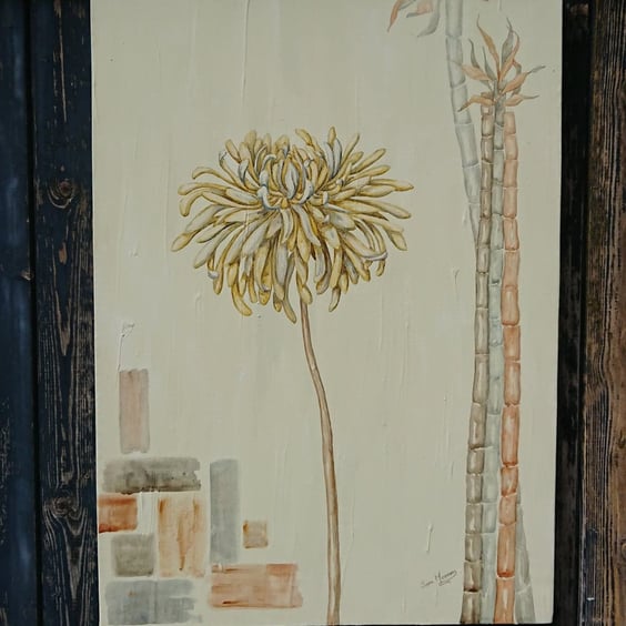 Yellow chrysanthemum watercolour painting with bamboo on cream background