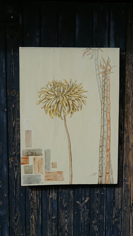 Yellow chrysanthemum watercolour painting with bamboo on cream background