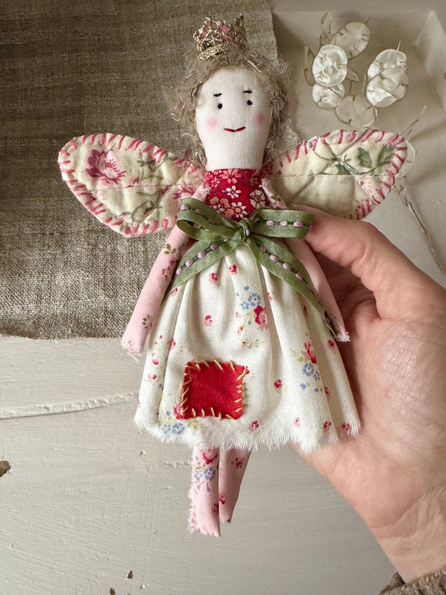 Handmade Cloth Doll With Vintage Wings 