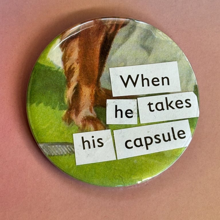 Collage pin badge - when he takes his capsule