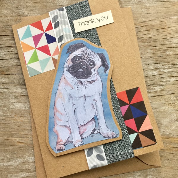 handmade recycled paper card (item no 226) thank you, cute pug