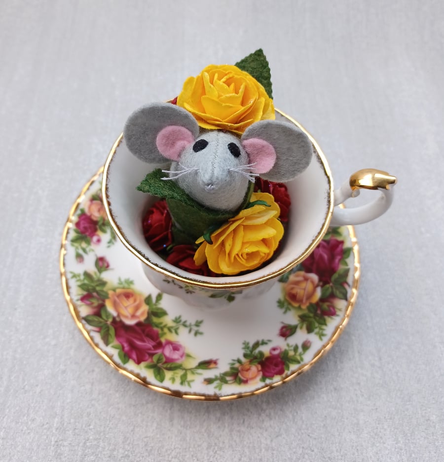 Mouse in a teacup, cute felt mice, vintage cup and saucer, cute gift