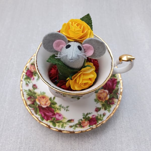 Mouse in a teacup, cute handmade gift, felt mice, china cup and saucer